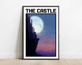 Moonlit Castle Cliff Pixel Art Print | Fantasy Night Sky Wall Art | Mystical Home Decor | Digital Download A3 A2 A1