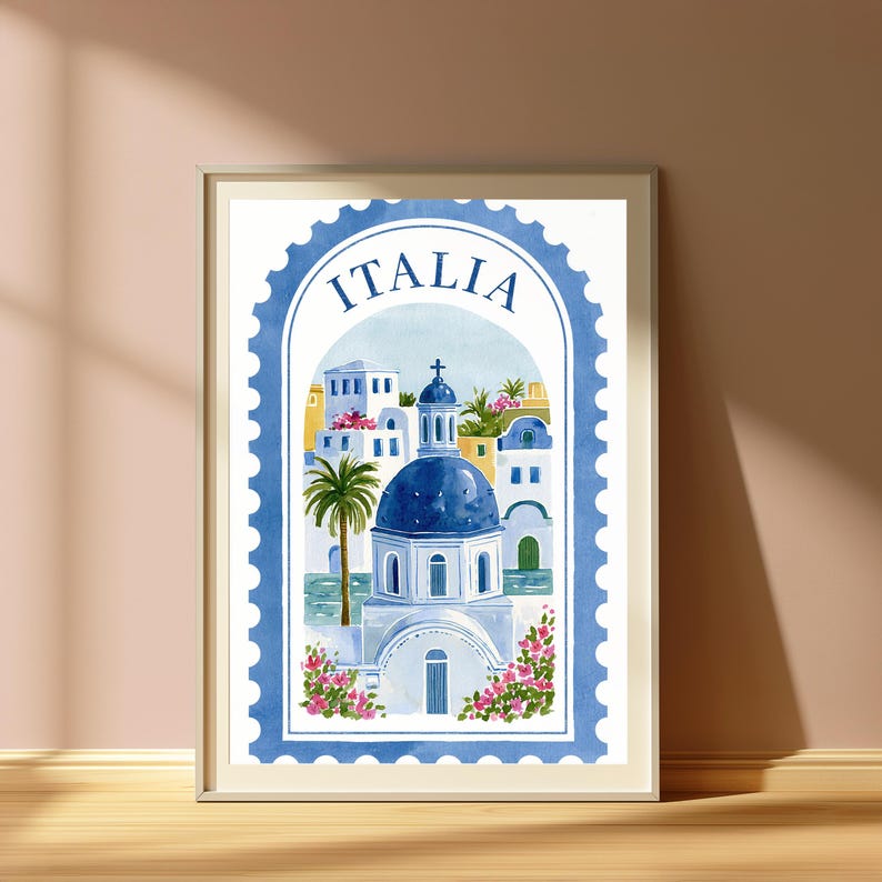 Italia Mediterranean Village Watercolor Print | Blue Dome Church Wall Art | Travel Home Decor | Digital Download A3 A2 A1 image 5