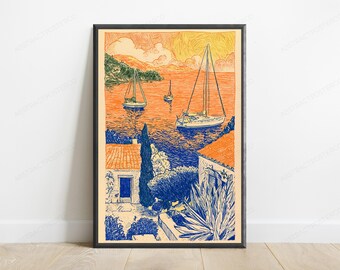 Seaside Sailboats Coastal Landscape Line Art Print | Mediterranean Sailing Wall Art | Minimalist Home Decor | Digital Download A3 A2 A1
