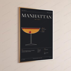 Manhattan Cocktail Recipe Print | Vintage Bar Poster | Minimalist Drink Art | Home Bar Decor image 3