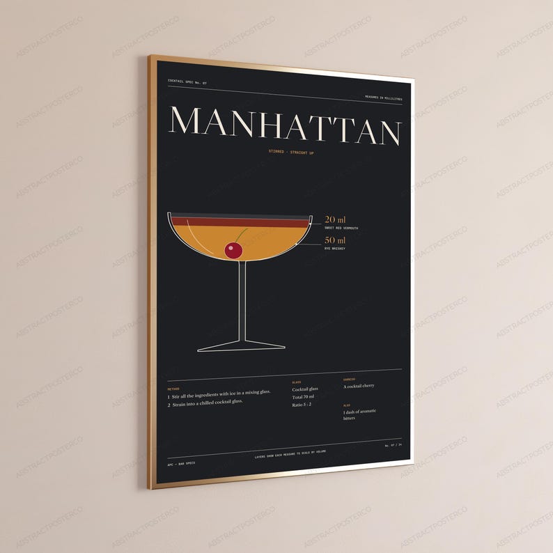 Manhattan Cocktail Recipe Print | Vintage Bar Poster | Minimalist Drink Art | Home Bar Decor image 3