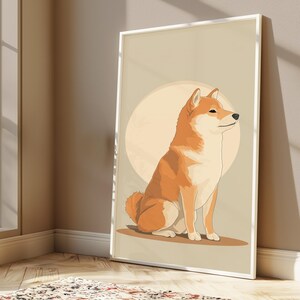 Puede incluir: Una impresi&oacute;n de arte mural enmarcada que presenta una ilustraci&oacute;n estilizada de un perro Shiba Inu sentado de perfil. El perro tiene pelaje naranja y crema, y est&aacute; posicionado contra un gran fondo circular p&aacute;lido sobre un fondo beige claro.