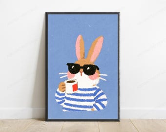 Cool Rabbit Sunglasses Coffee Pop Art Print | Stylish Bunny Wall Art | Minimalist Animal Decor | Digital Download A3 A2 A1