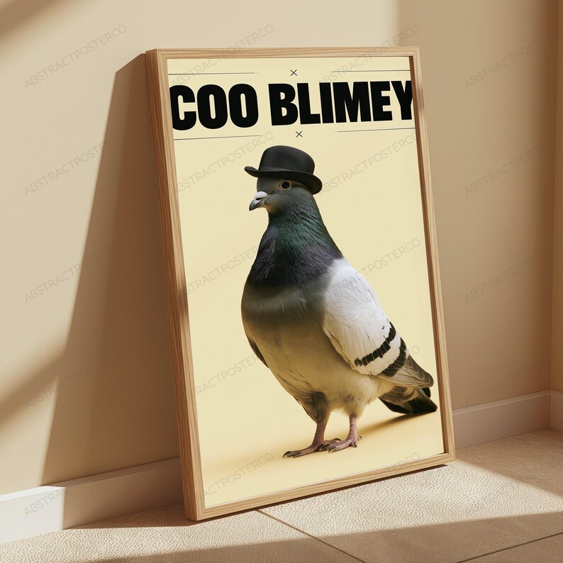 Coo Blimey Pigeon Bowler Hat | Funny Bird Pun Wall Art | Quirky Animal Print image 5