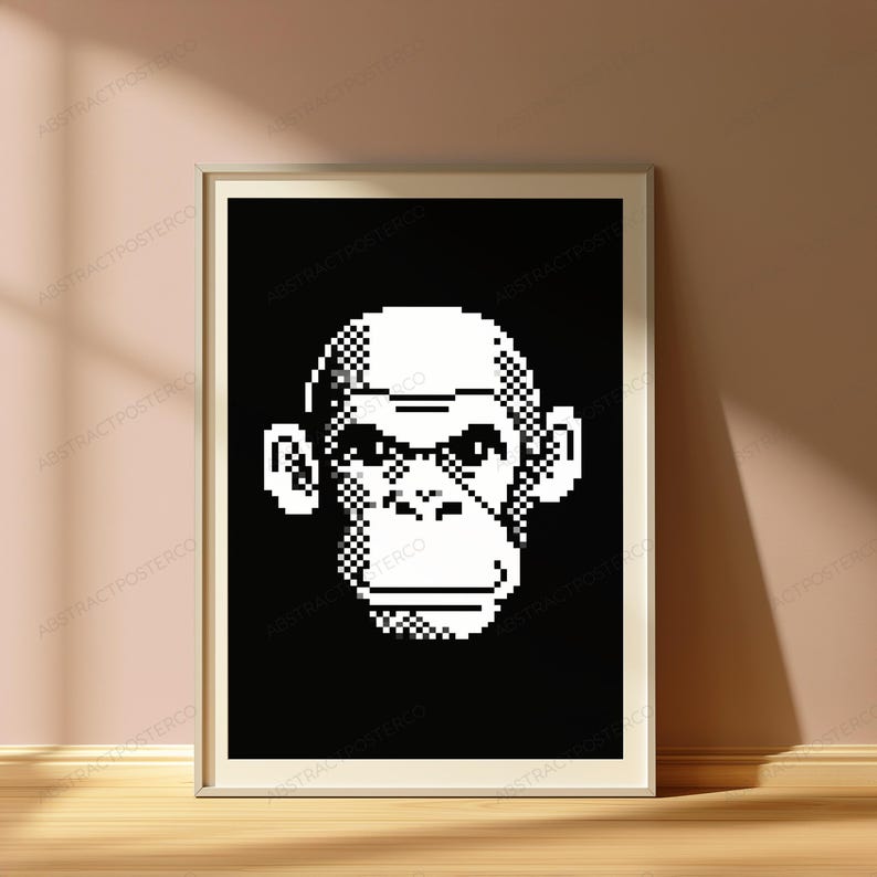 May include: A framed wall art print featuring a high-contrast, black and white pixel art illustration of a chimpanzee face. The design uses a grid-based aesthetic to form the facial features, set against a solid black background within a thin frame.