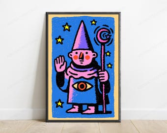 Mago rosa con varita mágica - Lámina de arte pop / Arte mural de personaje místico / Decoración colorida para el hogar / Descarga digital A3 A2 A1