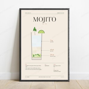 Mojito Cocktail Recipe Print in Cream | Minimalist Bar Art | Food & Drink Wall Decor