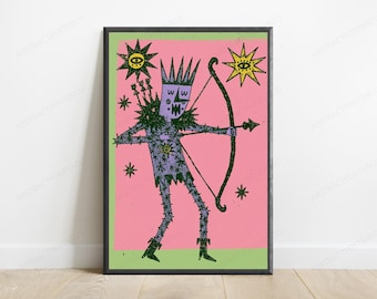 Psychedelic Demon Archer Pop Art Print | Colorful Surreal Wall Art | Bold Home Decor | Digital Download A3 A2 A1