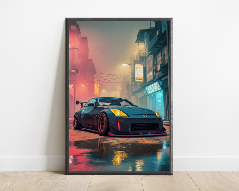 May include: A framed wall art print depicting a dark grey sports car with yellow headlights parked on a wet city street at night. The scene features neon signs, tall buildings, and reflections on the ground, captured in a vertical orientation.
