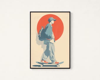Skateboarder with Red Sun Print | Urban Street Art | Minimalist Wall Decor | Cool Skate Culture | Digital Download A3 A2 A1