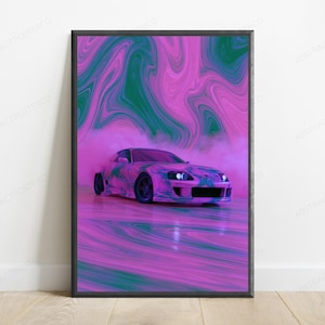 Pu&ograve; includere: Una stampa artistica da parete incorniciata che raffigura un'auto sportiva in posizione di derapata, circondata da un denso fumo rosa e verde acqua. L'auto e lo sfondo presentano un motivo marmorizzato vorticoso in vivaci tonalit&agrave; magenta, viola e verde scuro.