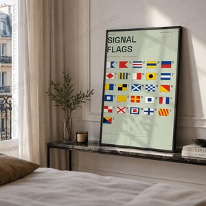 International Signal Flags A-Z Chart in Sage shown in a bedroom
