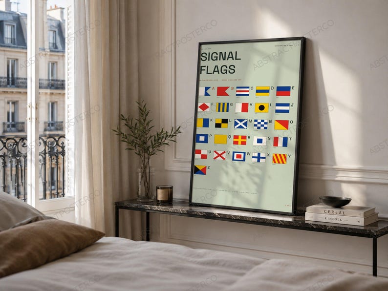 International Signal Flags A-Z Chart in Sage shown in a bedroom