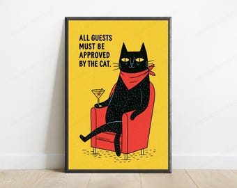 Lámina minimalista de Martini con gato negro descarado / Divertido arte mural de cócteles / Decoración pop art amarilla / Descarga digital A3 A2 A1
