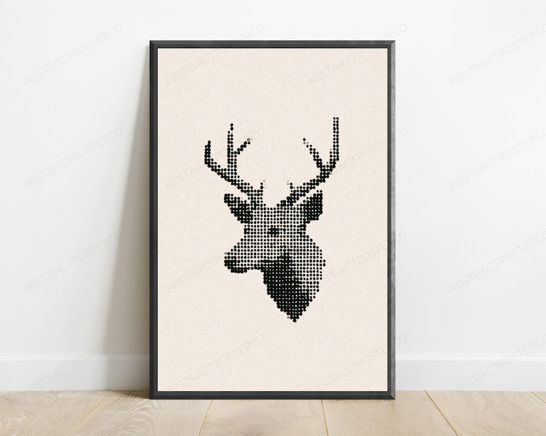 Geometric Stag Head Minimalist Art Print | Black Dotted Deer Wall Art | Modern Home Decor image 1