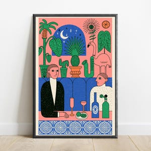 May include: A framed art print featuring a colorful illustration of two people sitting at a table. The scene includes potted plants, a flamingo, a saxophone, a crescent moon, and a blue tiled border. The figures are set against a pink background.