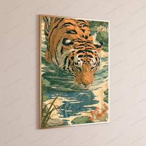 Tiger in Water Lotus Pond Art Print | Wildlife Nature Wall Art | Minimalist Animal Decor | Digital Download A3 A2 A1 image 3