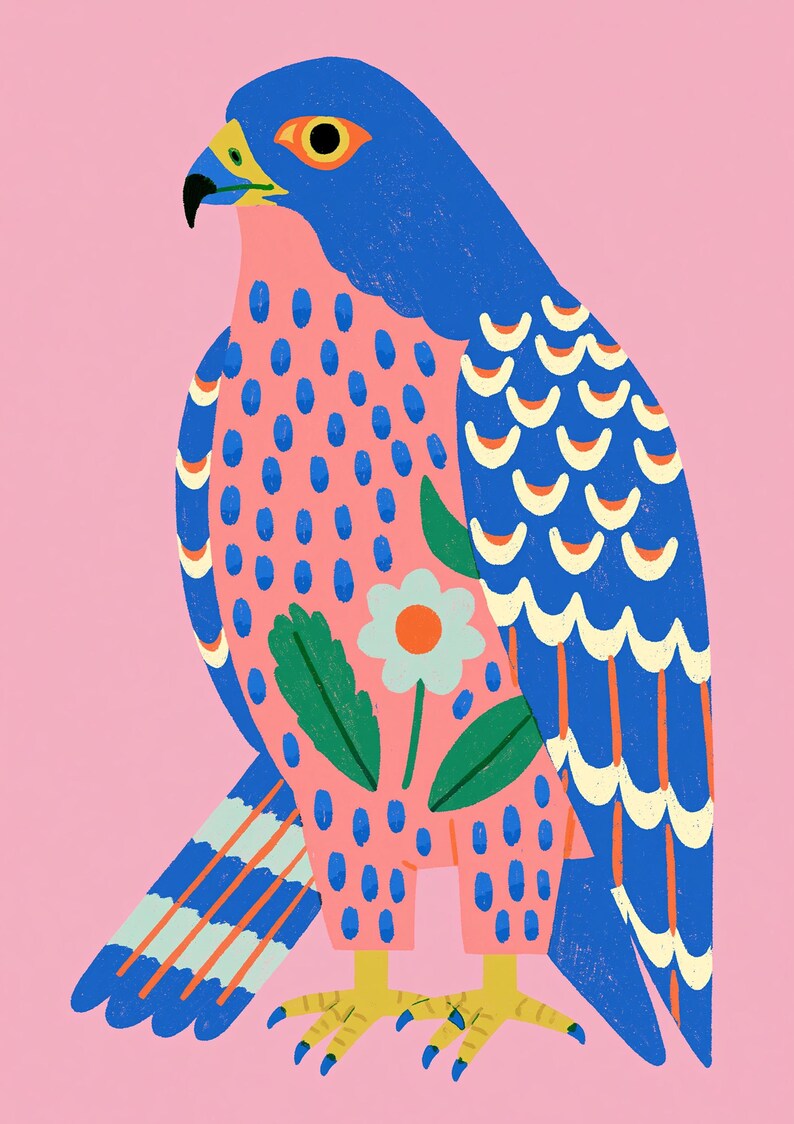 May include: A stylized illustration of a falcon against a solid pink background. The bird features a blue head and wings with white and orange accents, a pink chest with blue spots, a single white flower with green leaves, and yellow talons.