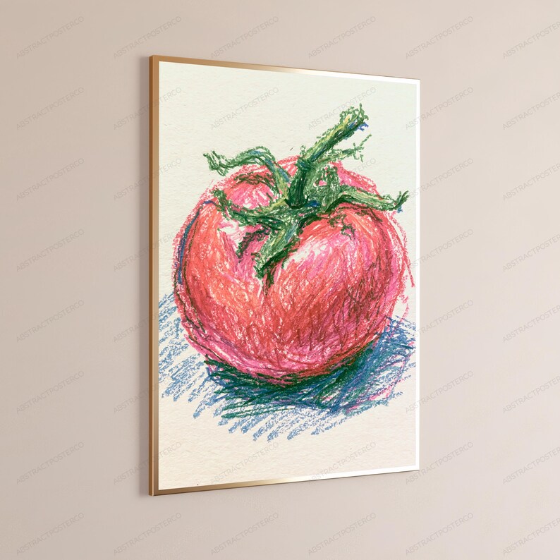 May include: A framed wall art print featuring a vibrant oil pastel drawing of a single red tomato with a prominent green stem. The artwork uses textured, visible strokes in shades of red, green, and blue, set against a light cream background.
