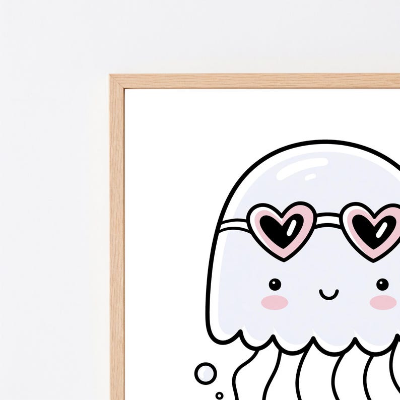 May include: A framed wall art print featuring a white cartoon jellyfish with a light purple tint. The jellyfish wears pink heart-shaped sunglasses, has a small smiling mouth, and two pink circular cheeks. Several small black bubbles float nearby.