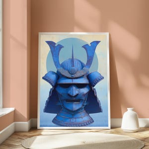 May include: A framed wall art print featuring a vibrant blue samurai helmet centered against a pale circular background. The helmet displays intricate metallic textures, a prominent crest, and a traditional face mask design in shades of blue.
