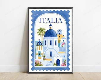 Coastal Italia Architecture Print | Mediterranean Postage Stamp Art | Minimalist Travel Wall Decor | Digital Download A3 A2 A1