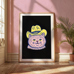 Lámina de arte pop de gato vaquero / Gato occidental con sombrero amarillo / Arte de pared minimalista y original / Descarga digital A3 A2 A1 imagen 4