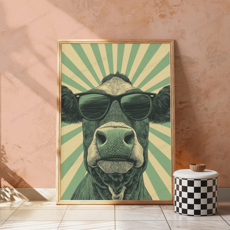 May include: A rectangular wall art print featuring a stylized illustration of a cow wearing black sunglasses. The cow is centered against a background of radiating light green and cream-colored sunburst stripes. The print is framed in a thin gold border.