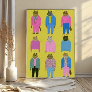 May include: A rectangular wall art print featuring a grid of nine illustrated squirrels dressed in colorful human clothing, including suits, sweaters, and jackets, set against a solid mustard yellow background with a repeating watermark.