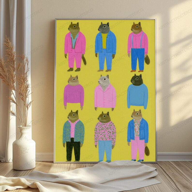 May include: A rectangular wall art print featuring a grid of nine illustrated squirrels dressed in colorful human clothing, including suits, sweaters, and jackets, set against a solid mustard yellow background with a repeating watermark.