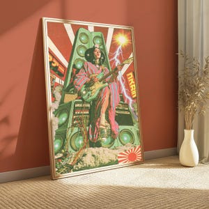 May include: A framed rectangular art print featuring a person in a patterned kimono playing an electric guitar while seated atop a large stack of green speakers. The background includes a bright sun, lightning bolts, and Japanese text characters.
