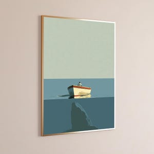 Lone Fisherman Rowing Boat Minimalist Print | Peaceful Water Art | Coastal Wall Decor | Digital Download A3 A2 A1 image 3