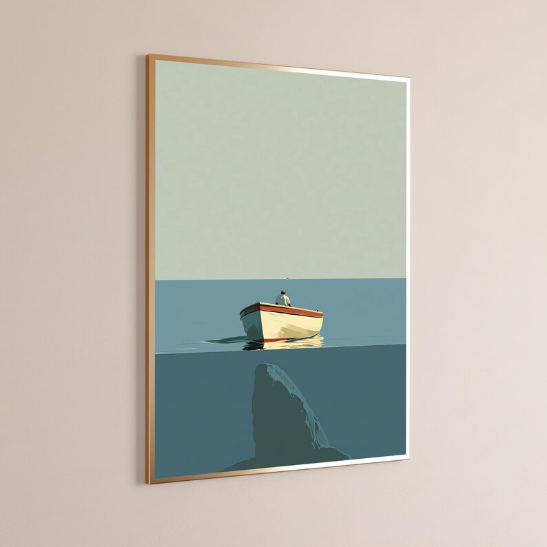 Lone Fisherman Rowing Boat Minimalist Print | Peaceful Water Art | Coastal Wall Decor | Digital Download A3 A2 A1 image 3