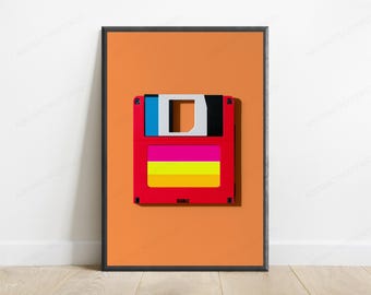 Lámina de arte pop con disquete rojo / Arte mural retro para ordenador / Decoración nostálgica de los 80 y 90 / Descarga digital A3 A2 A1