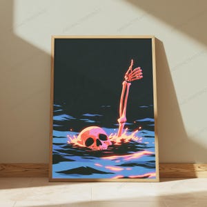 Skeleton Hand Rising from Skull | Synthwave Neon Art Print | Dark Gothic Wall Decor image 4