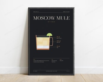 Moscow Mule Cocktail Recipe Print | Copper Mule Cup | Minimalist Bar Art