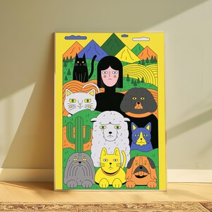 May include: A colourful art print featuring a central figure with black hair surrounded by a diverse group of animals including cats, dogs, and a sheep. The background depicts a stylised landscape with mountains, rolling hills, and a green cactus.