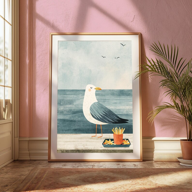Seagull with Chips Minimalist Art Print | Coastal Beach Wall Art | Funny Food Print | Digital Download A3 A2 A1 image 5