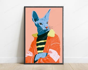 Blue Cat Pop Art Portrait | Stylish Feline Wall Art | Minimalist Home Decor | Digital Download A3 A2 A1