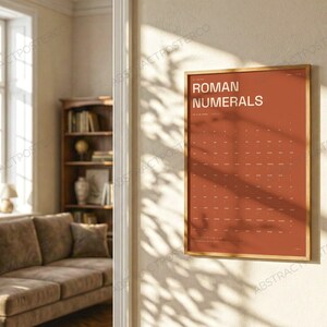 Learn Roman Numerals Chart Print in Terracotta shown in a living room