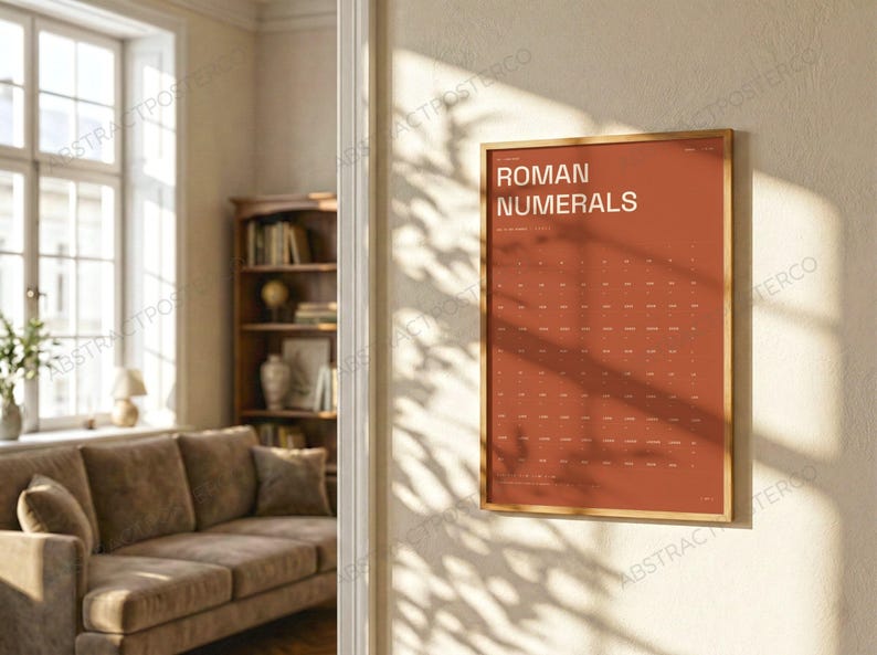 Learn Roman Numerals Chart Print in Terracotta shown in a living room