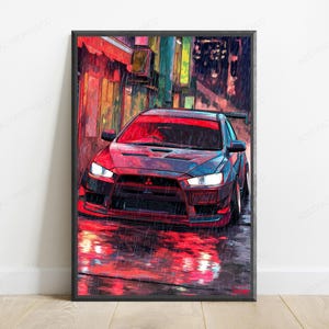 May include: A vertical rectangular wall art print featuring a stylized digital illustration of a dark red sports car parked on a wet city street at night. The scene is rendered with heavy rain effects, vibrant red reflections, and urban architecture.