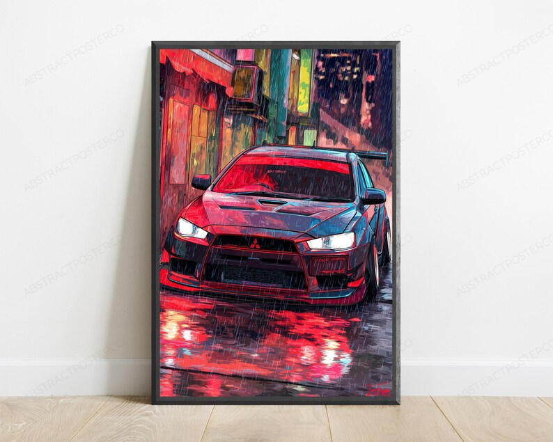 May include: A vertical rectangular wall art print featuring a stylized digital illustration of a dark red sports car parked on a wet city street at night. The scene is rendered with heavy rain effects, vibrant red reflections, and urban architecture.