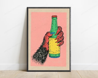 Lobster Hugging Beer Bottle Pop Art Print | Funny Seafood Wall Art | Quirky Home Decor | Digital Download A3 A2 A1