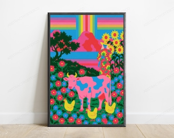 Psychedelic Farm Pop Art Print | Neon Cow Sunflowers | Maximalist Wall Art Decor | Digital Download A3 A2 A1