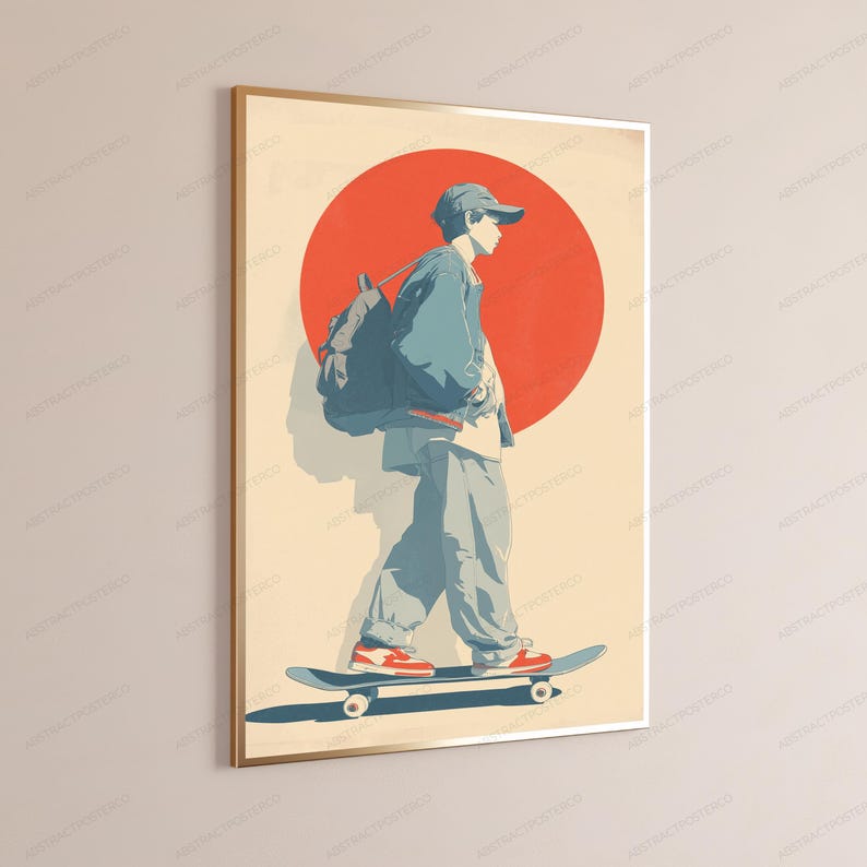 May include: A framed wall art print featuring a stylized illustration of a person wearing a baseball cap, jacket, and backpack while riding a skateboard. The background displays a large solid red circle against a light beige backdrop.