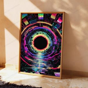 Puede incluir: Una impresi&oacute;n de arte mural enmarcada rectangular que presenta una composici&oacute;n digital abstracta y vibrante. El dise&ntilde;o se centra en un vac&iacute;o circular negro profundo rodeado por anillos conc&eacute;ntricos de patrones geom&eacute;tricos en rosa, azul, amarillo y morado ne&oacute;n.