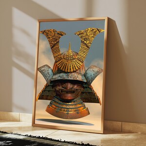 May include: A framed wall art print featuring a detailed illustration of a samurai helmet. The helmet displays a prominent golden crest, a weathered blue-green visor, and a dark metallic face mask with a fierce expression, set against a cloudy sky.