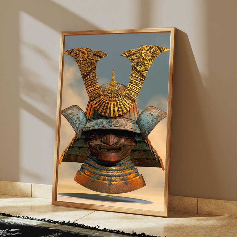 May include: A framed wall art print featuring a detailed illustration of a samurai helmet. The helmet displays a prominent golden crest, a weathered blue-green visor, and a dark metallic face mask with a fierce expression, set against a cloudy sky.