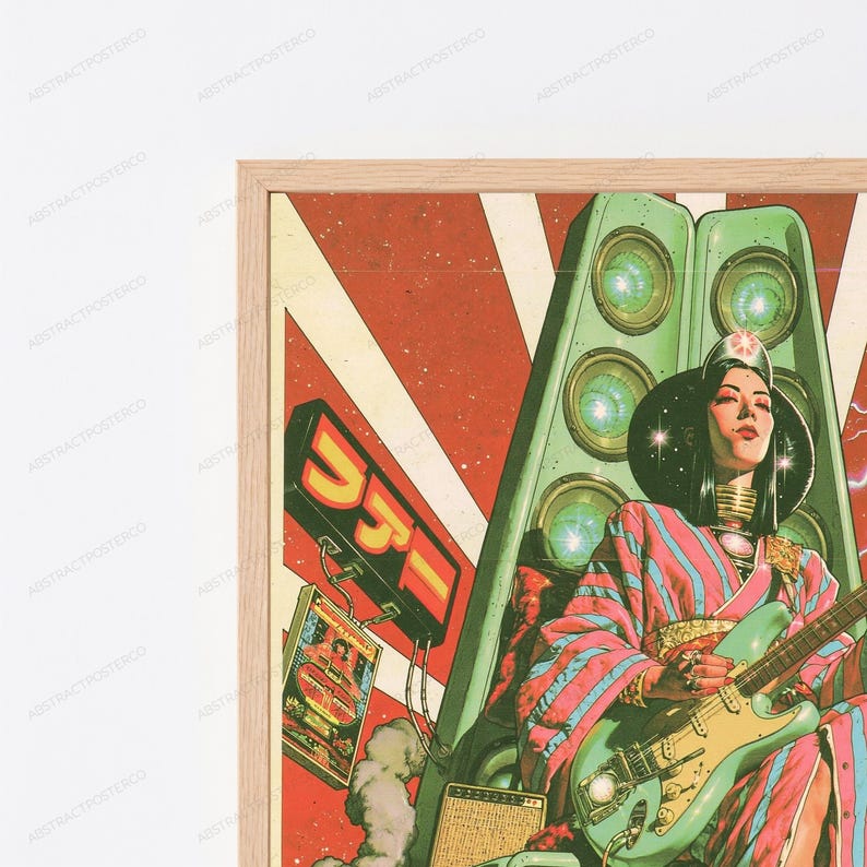 May include: A framed poster featuring a person with dark hair wearing a pink and blue striped kimono, playing a light green electric guitar. The background displays large green speakers, a red sunburst pattern, and a sign with Japanese text.